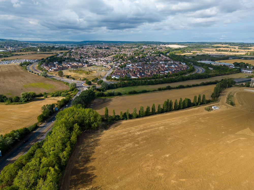 Bird's eye view of the Hoo peninsula townscape surrounded by fields